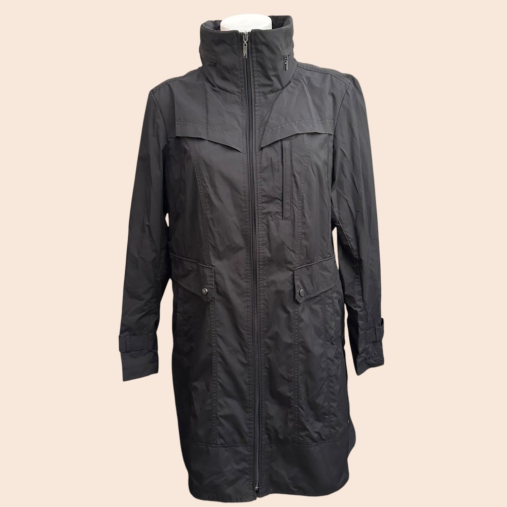 Cole Haan Signature Women's Hooded Raincoat Long Trench Jacket Zip sz XL Black